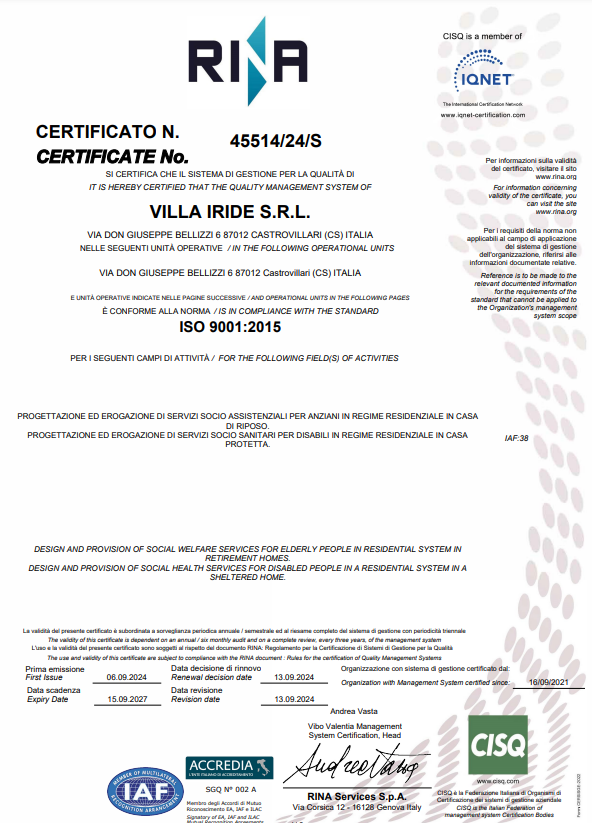 Certificazione RINA ISO 9001:2015 per Villa Iride SRL, attestante gli standard del sistema di gestione della qualità.