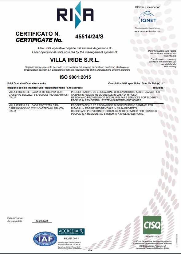 Certificazione RINA ISO 9001:2015 per Villa Iride SRL, con indicazione delle unità operative certificate e della gamma di servizi offerti.