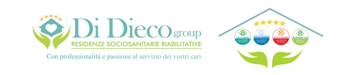 Logo del gruppo Di Dieco, caratterizzato da testo e dall'icona di una casa sorretta da mani, sopra quattro simboli circolari.