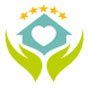Un'icona a forma di casa azzurra con un cuore bianco all'interno, sorretta da due mani verde lime e sormontata da cinque stelle gialle.