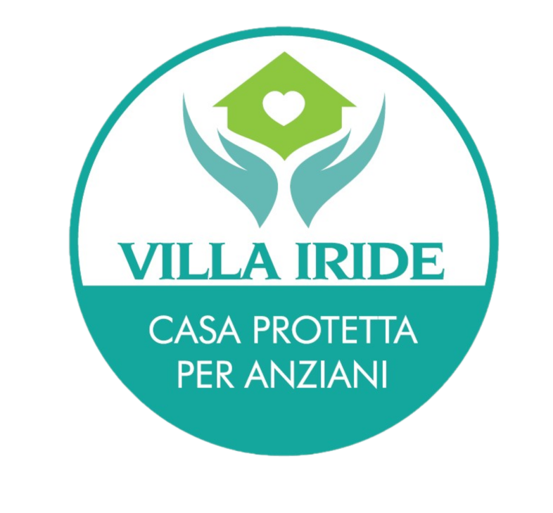 Logo per Villa Iride, una casa di riposo, raffigurante l'icona di una casa verde con un cuore sorretto da mani color verde acqua all'interno di un cerchio.