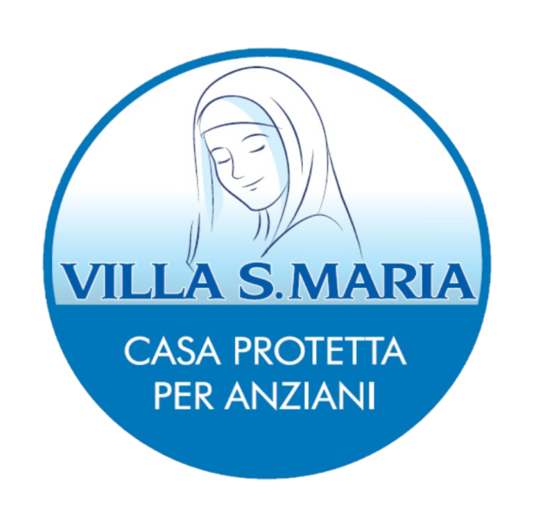 Logo per Villa S. Maria, una casa di riposo, caratterizzato da un disegno circolare blu con lo schizzo stilizzato di una donna e del testo.
