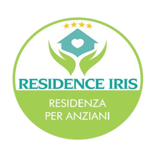 Logo per Residence Iris: un'icona circolare con una casa e un cuore sorretti da mani verdi, e la scritta