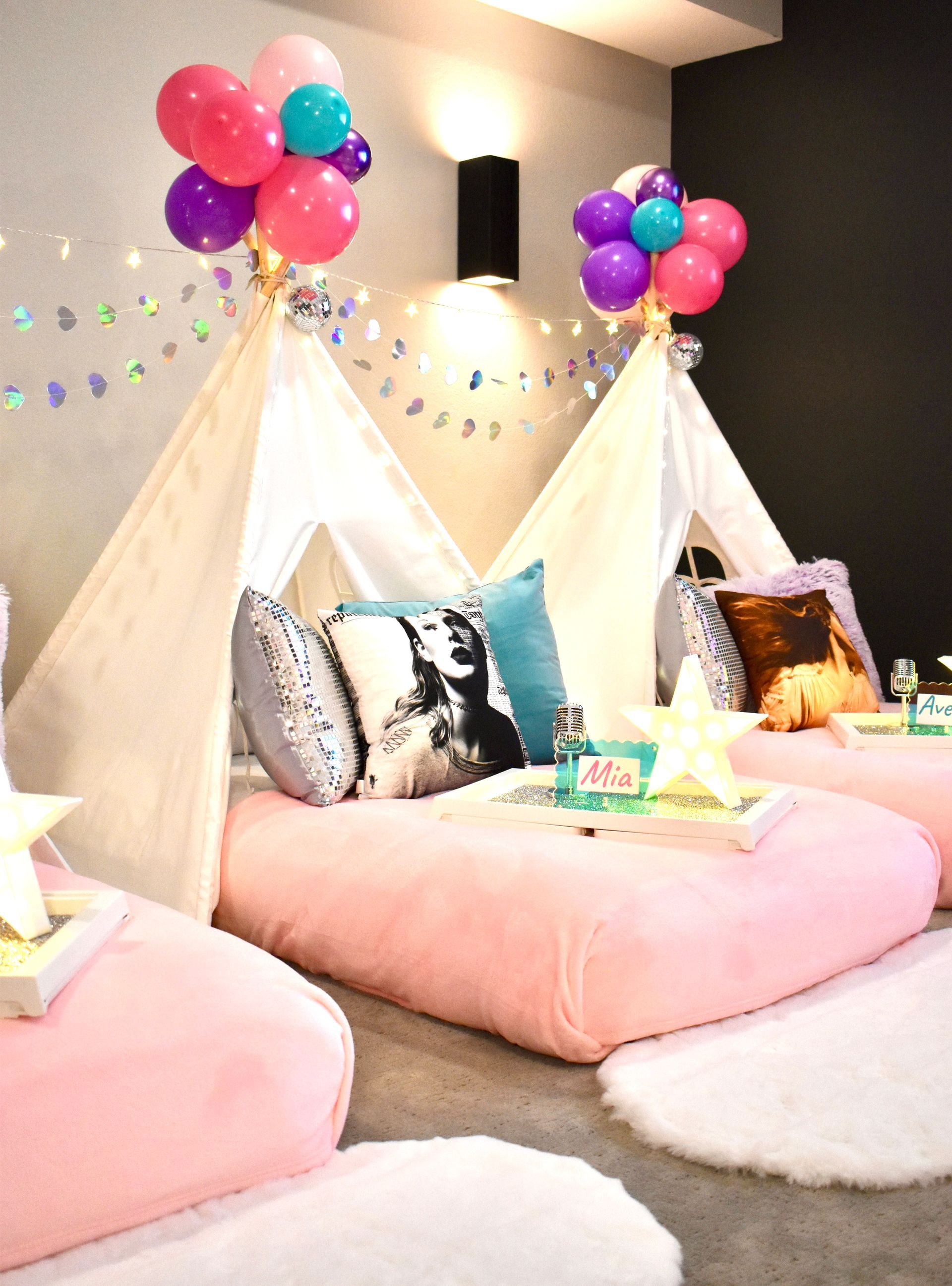 Taylor swift teepee tent sleepover set up with music theme and girl colors