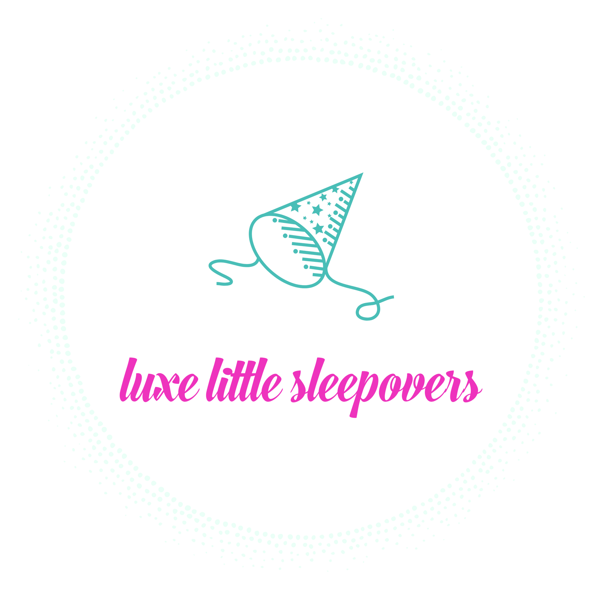 Turquoise line-art sleeping cap with pink script reading “luxe little sleepovers” on a white background