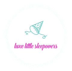 Turquoise line-art sleeping cap with pink script reading “luxe little sleepovers” on a white background