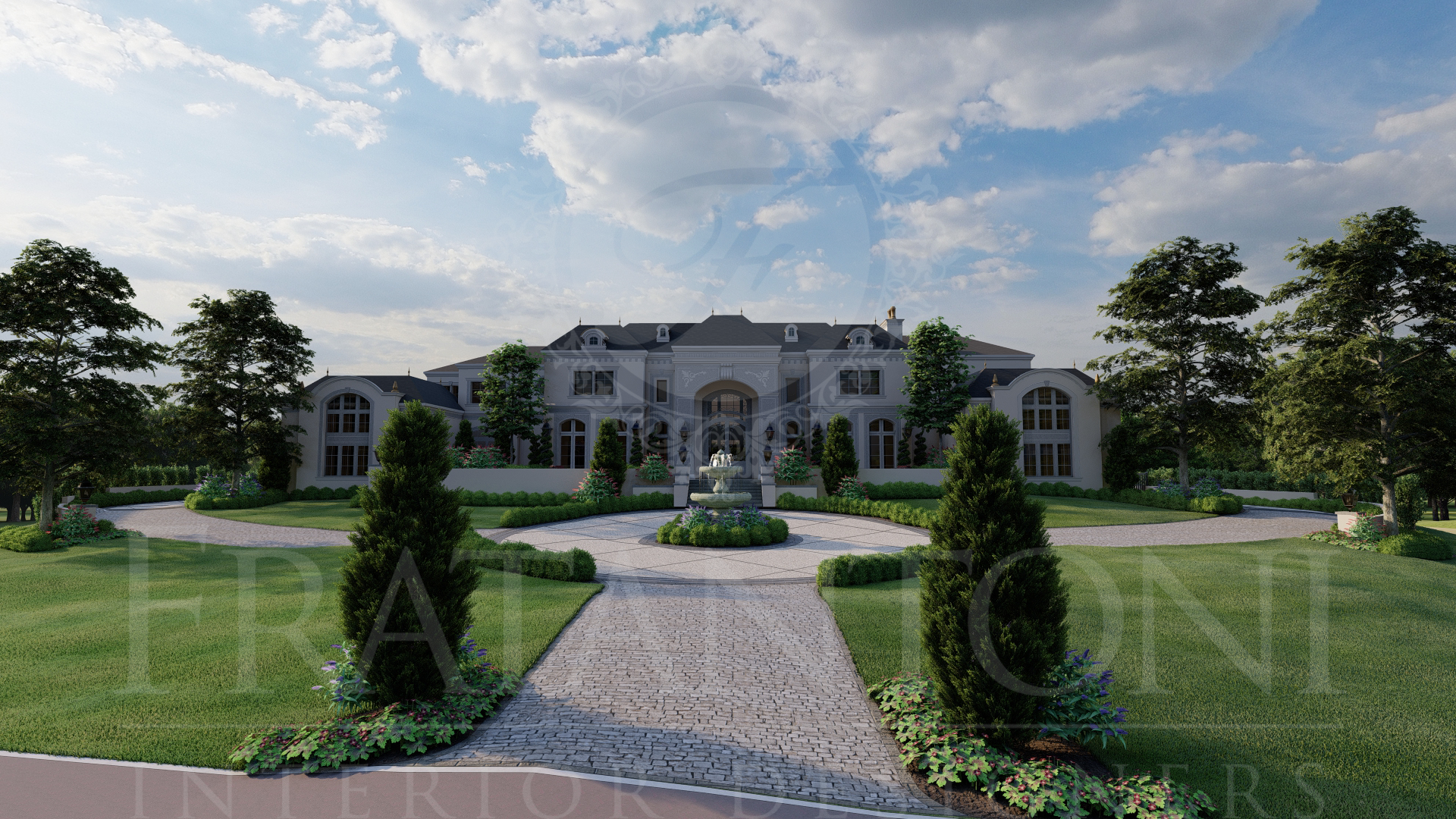 Luxury white mansion with a stone path and landscaped gardens under a cloudy sky designed by Fratantoni Interior Designers