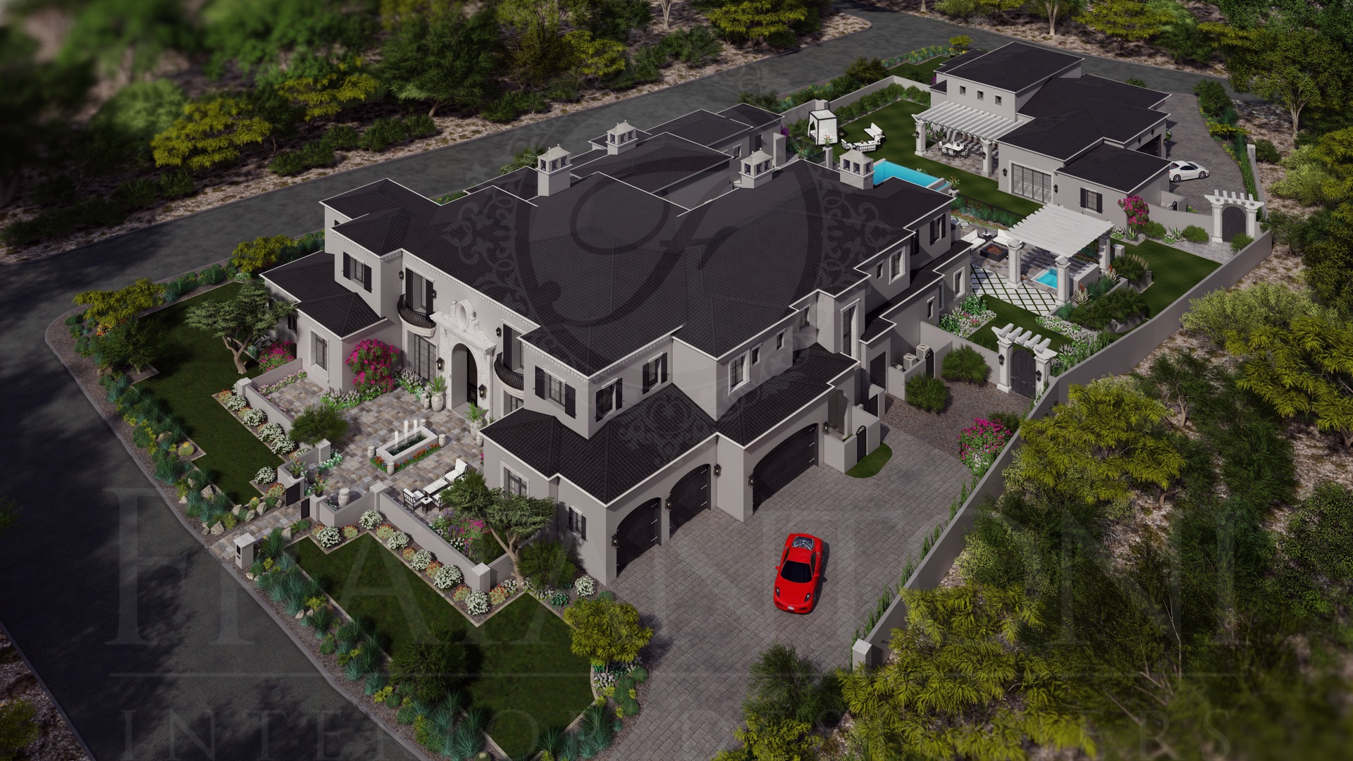 Modern Home exterior with olympic sized swimming pool and multiple car garages.