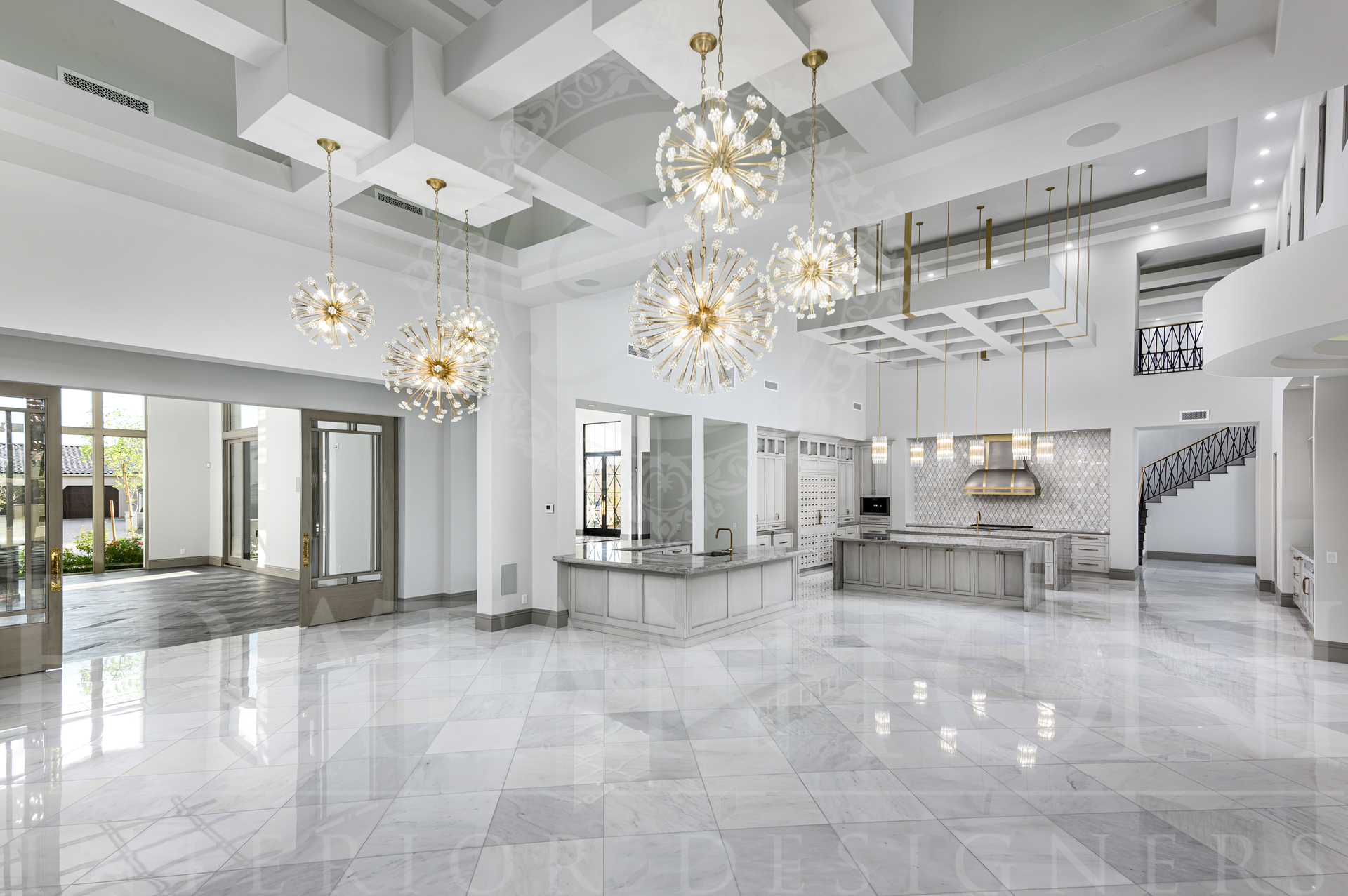 Luxury white modern great room with chandeliers, marble floor scottsdale interior