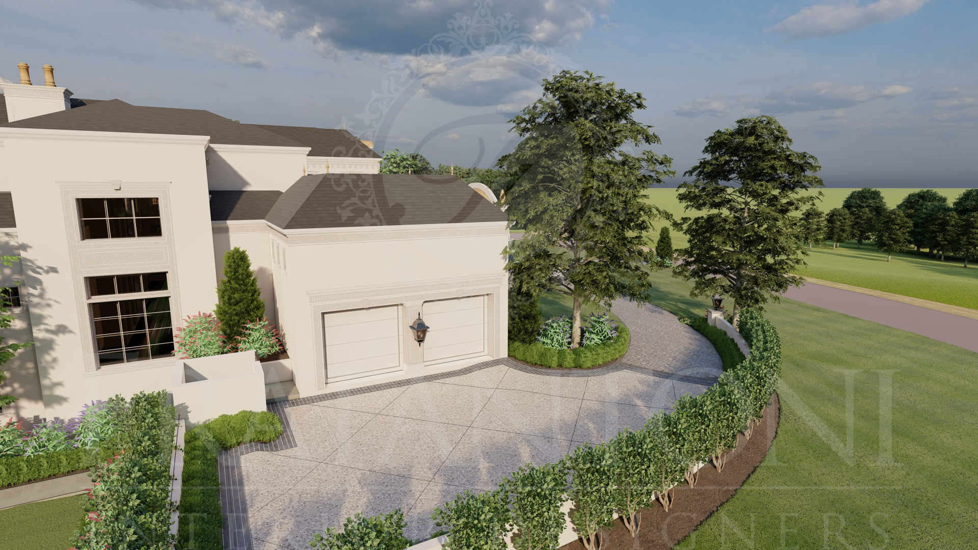 Expansive cream-colored mansion with a paver driveway, landscaped greenery, and trees with views