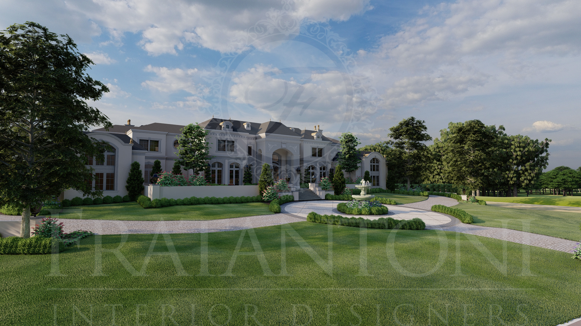 Large white mansion with a manicured lawn, custom fountain, custom exterior, winding driveway, and pathway under a partly cloudy sky