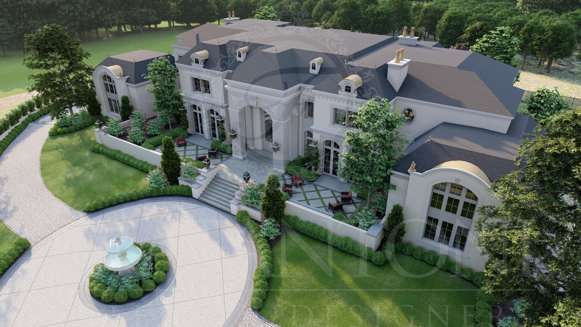 Aerial view of a large white luxury mansion with a circular paver driveway, landscaped lawn, geometric pavers, flowers, sconces, and central fountain in New Jersey