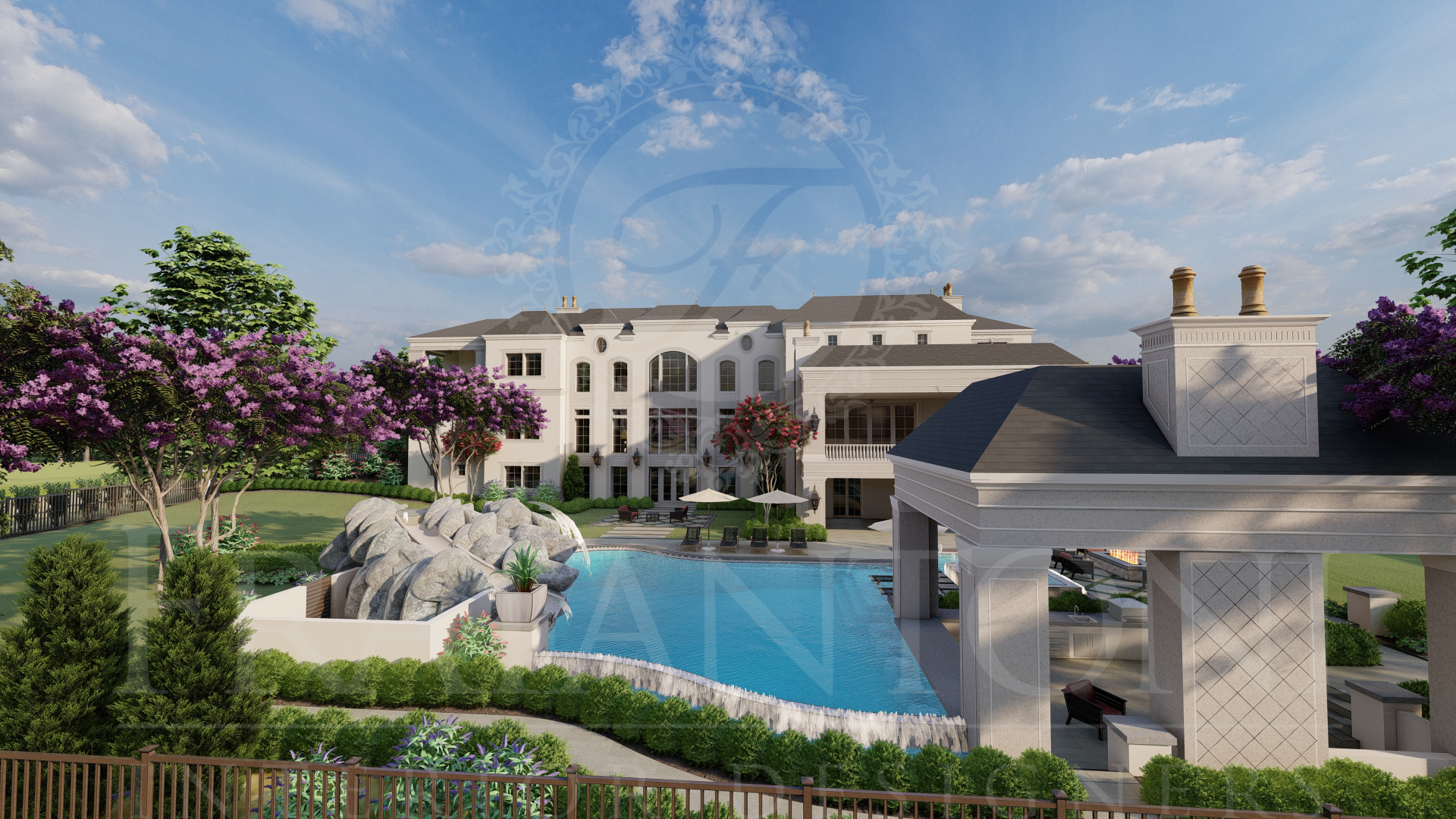 Luxury villa with resort-style pool, featured pool waterfall, white custom exterior, and blooming trees under a bright blue sky
