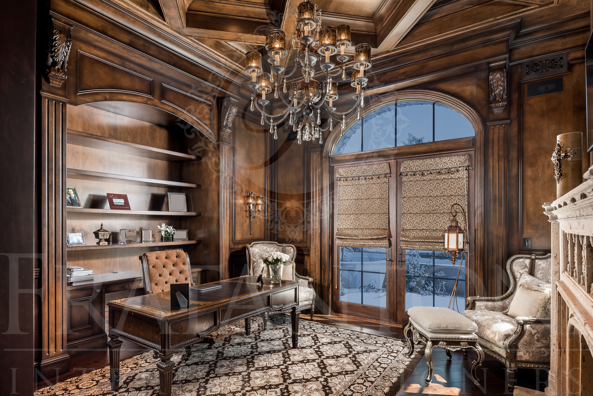 Luxurious wood-paneled office with a desk, bookshelves, and a chandelier; large arched window with a snowy view.