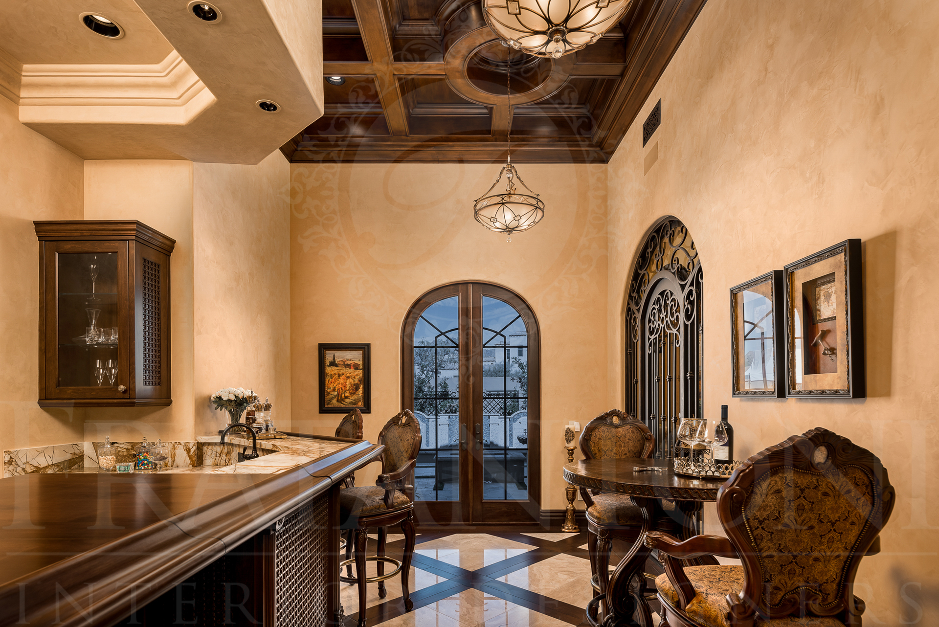 Elegant bar interior with dark wood accents, ornate chairs, and decorative ceiling.