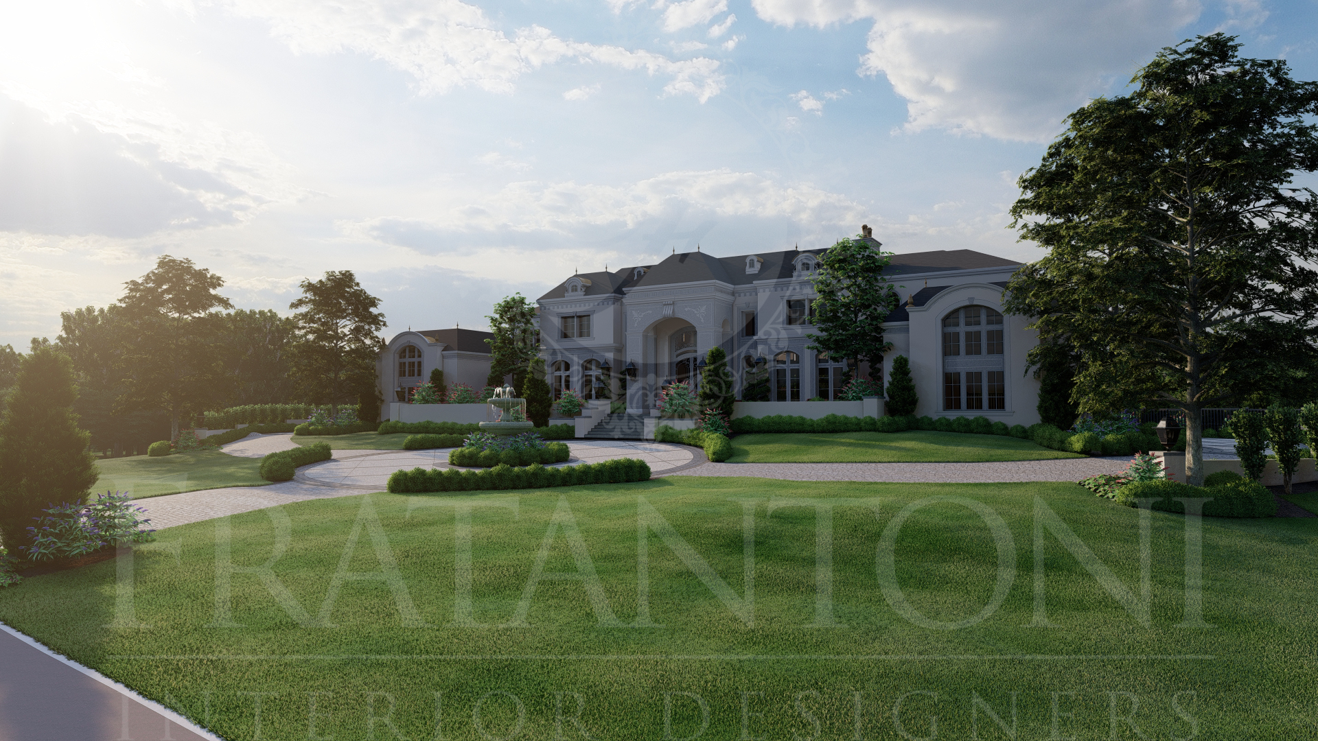Large white mansion with a manicured lawn, luxury fountain, paver driveway, and trees under a bright, cloudy sky