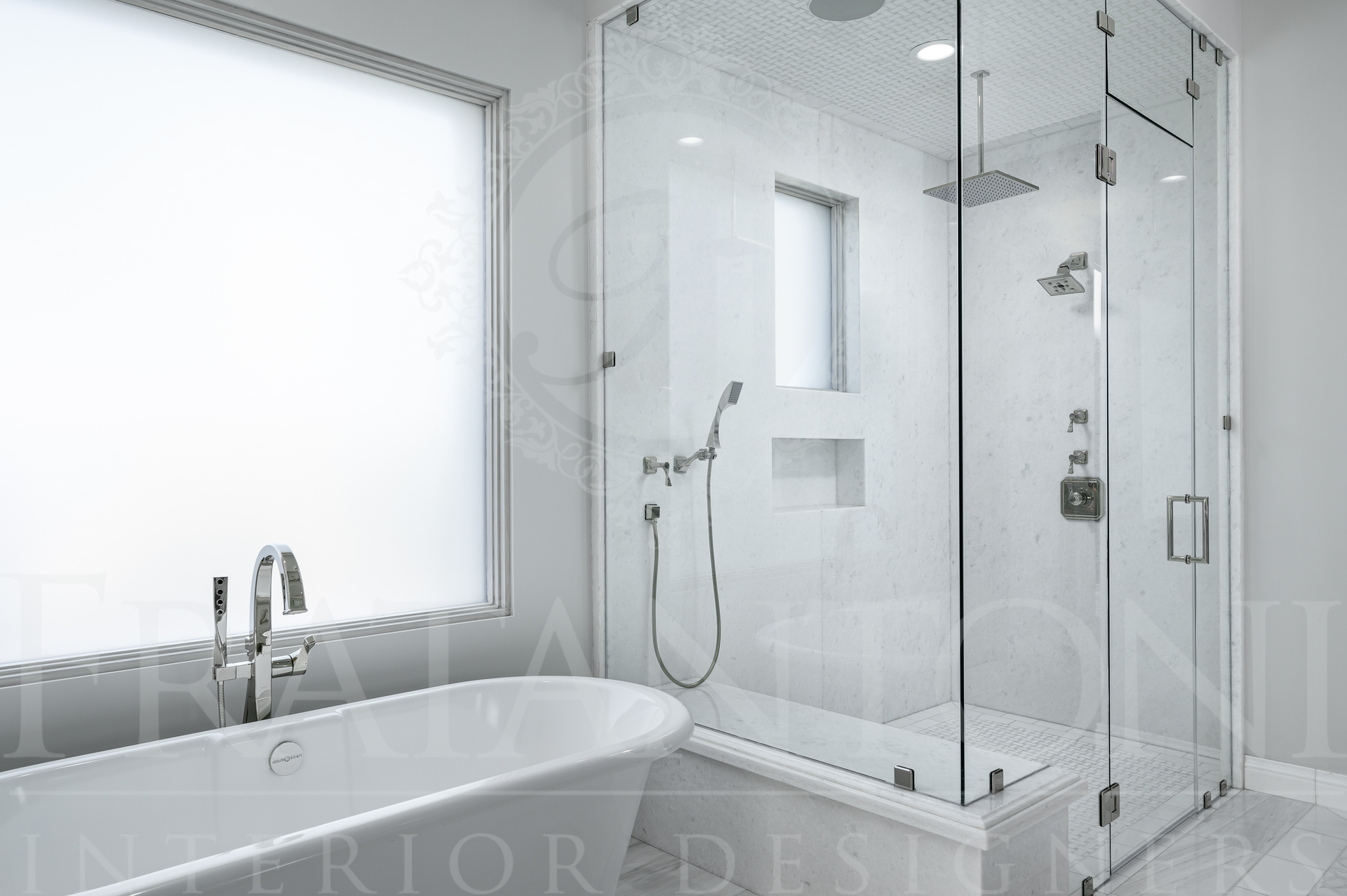 Luxury modern bathroom with a white freestanding bathtub, glass marble shower, and large window blinds.