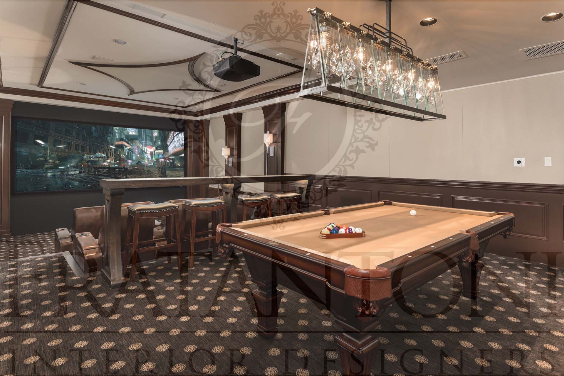 Billiards room with pool table, chandelier, patterned carpet, home movie theater designed by fratantoni interior designers in scottsdale arizona.