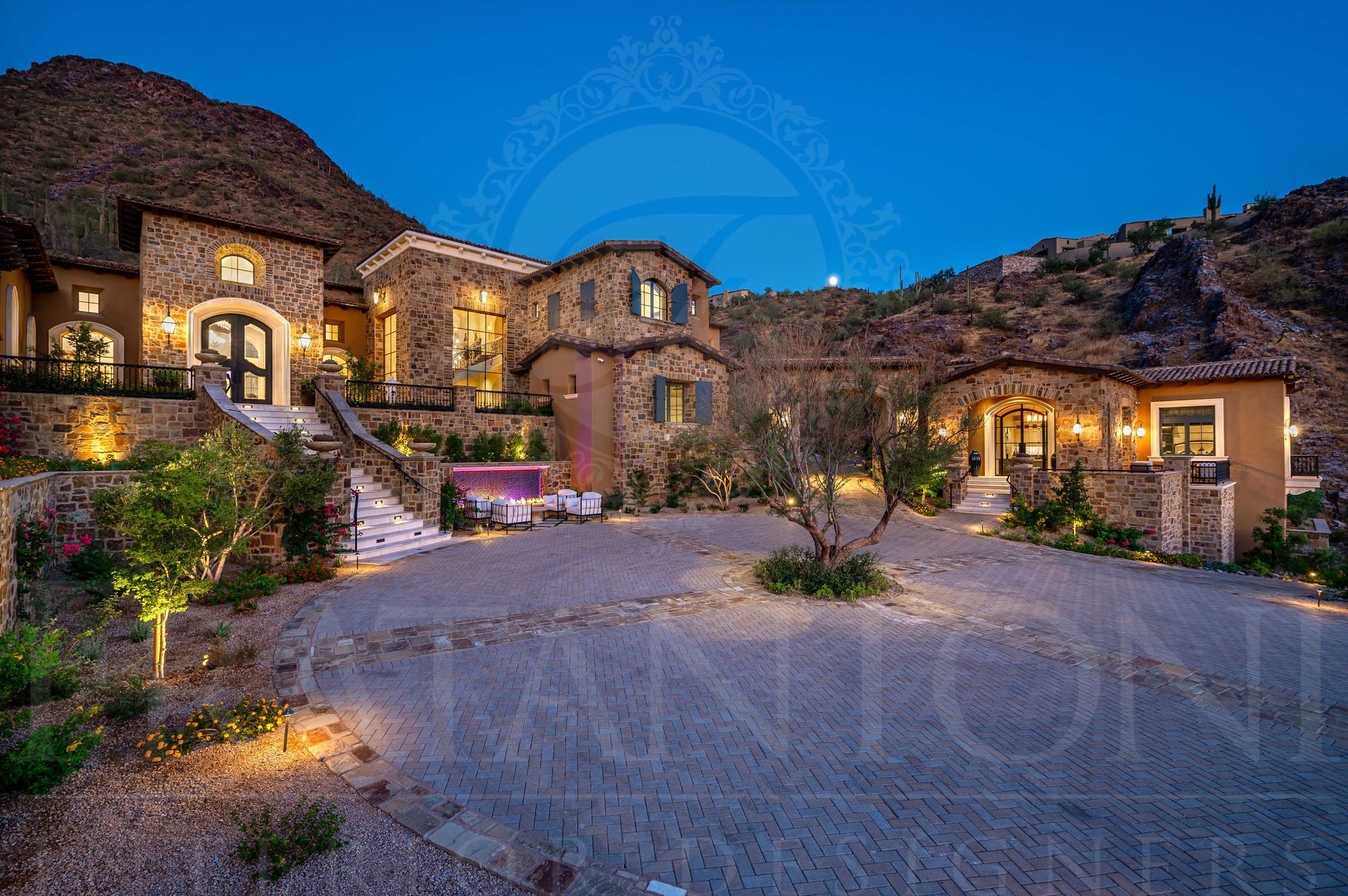 French style exterior home design with mountain view in Arizona by fratantoni interior designers