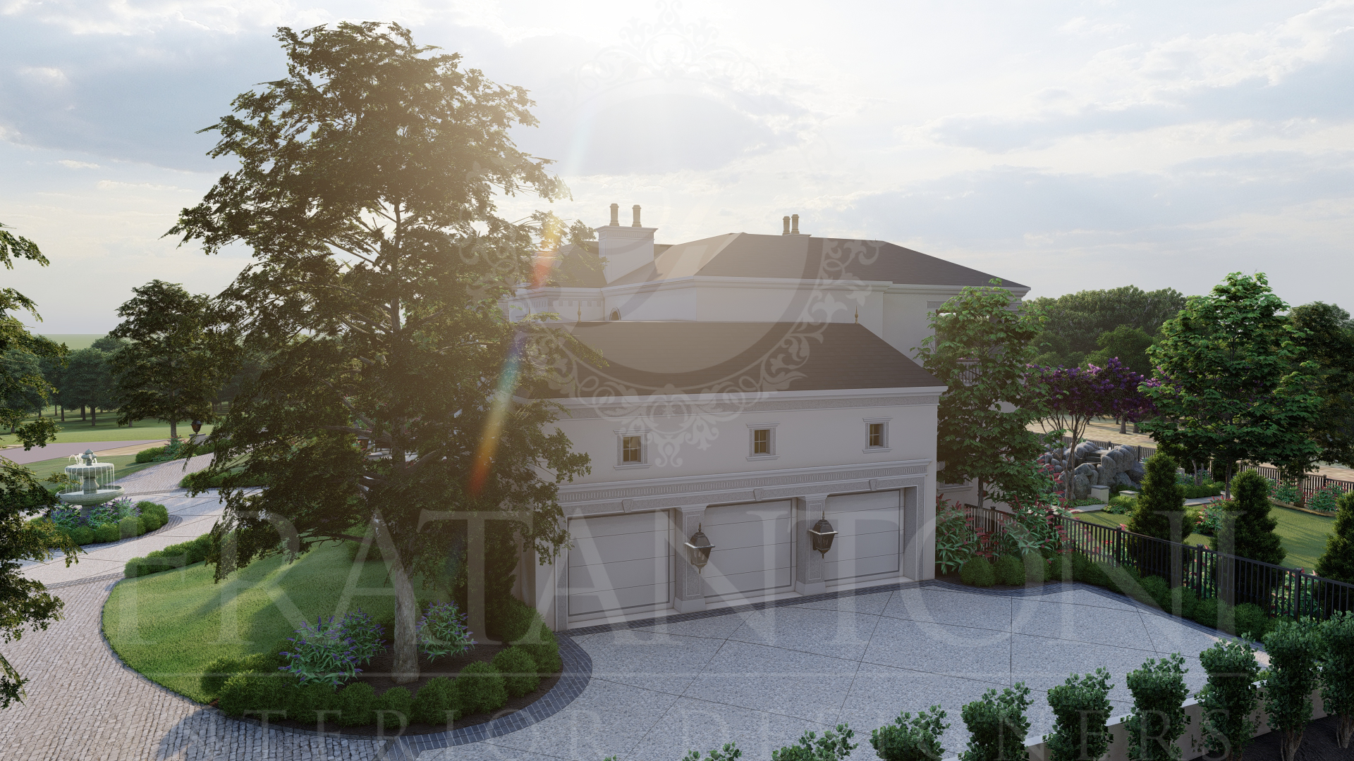 Extravagant luxury garages with a tree-lined driveway and gardens designed by Fratantoni Interior Designers in Scottsdale Arizona