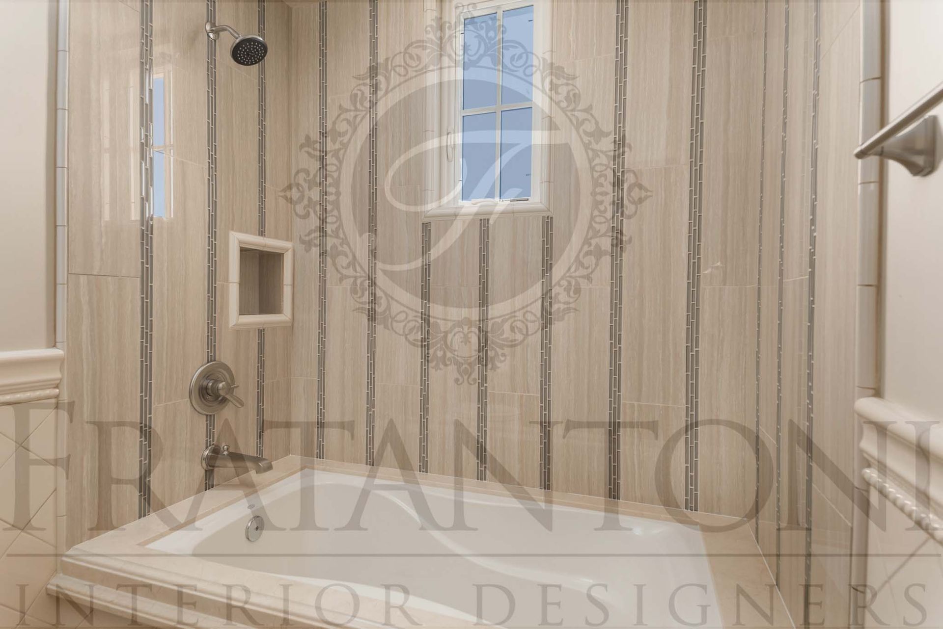 Beige tiled shower with window, built-in niche, and a white bathtub edge.