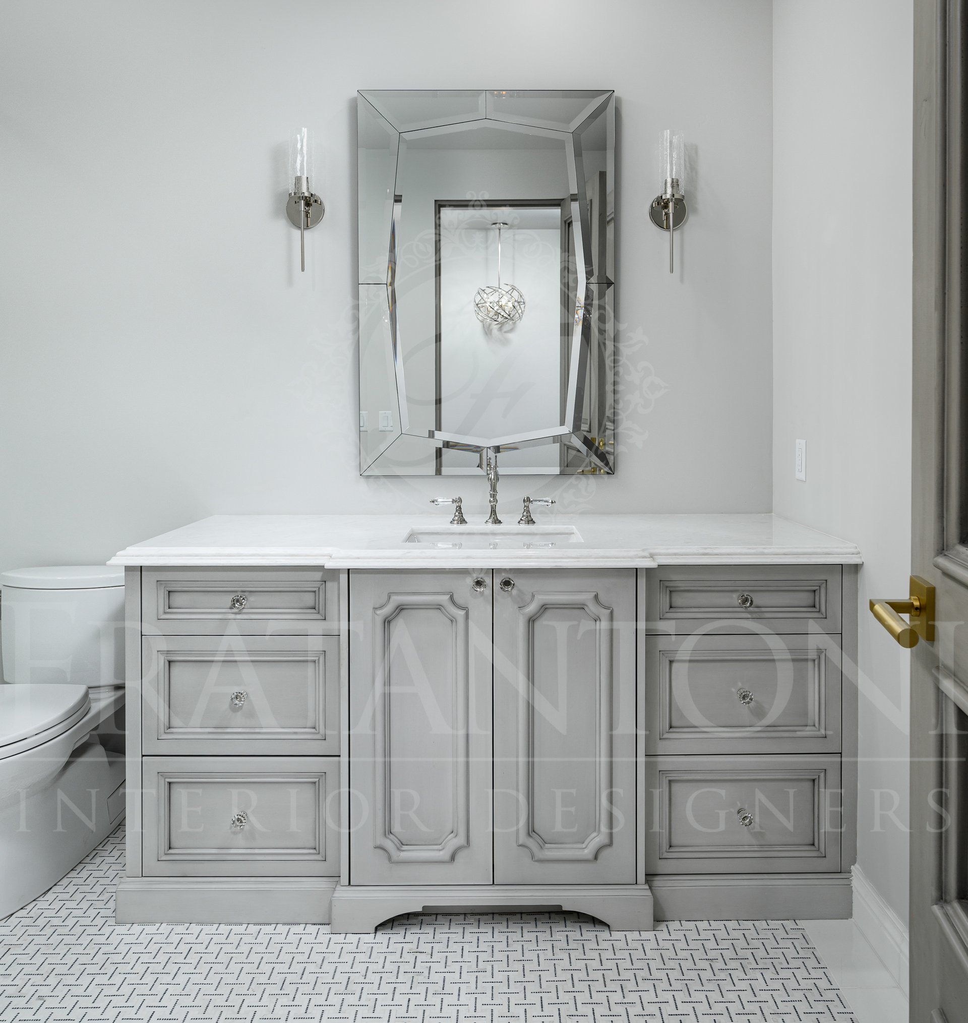 Luxury custom gray bathroom vanity with white marble countertop, and statement mirror with scones designed by Fratantoni Interior Designers in scottsdale, arizona.