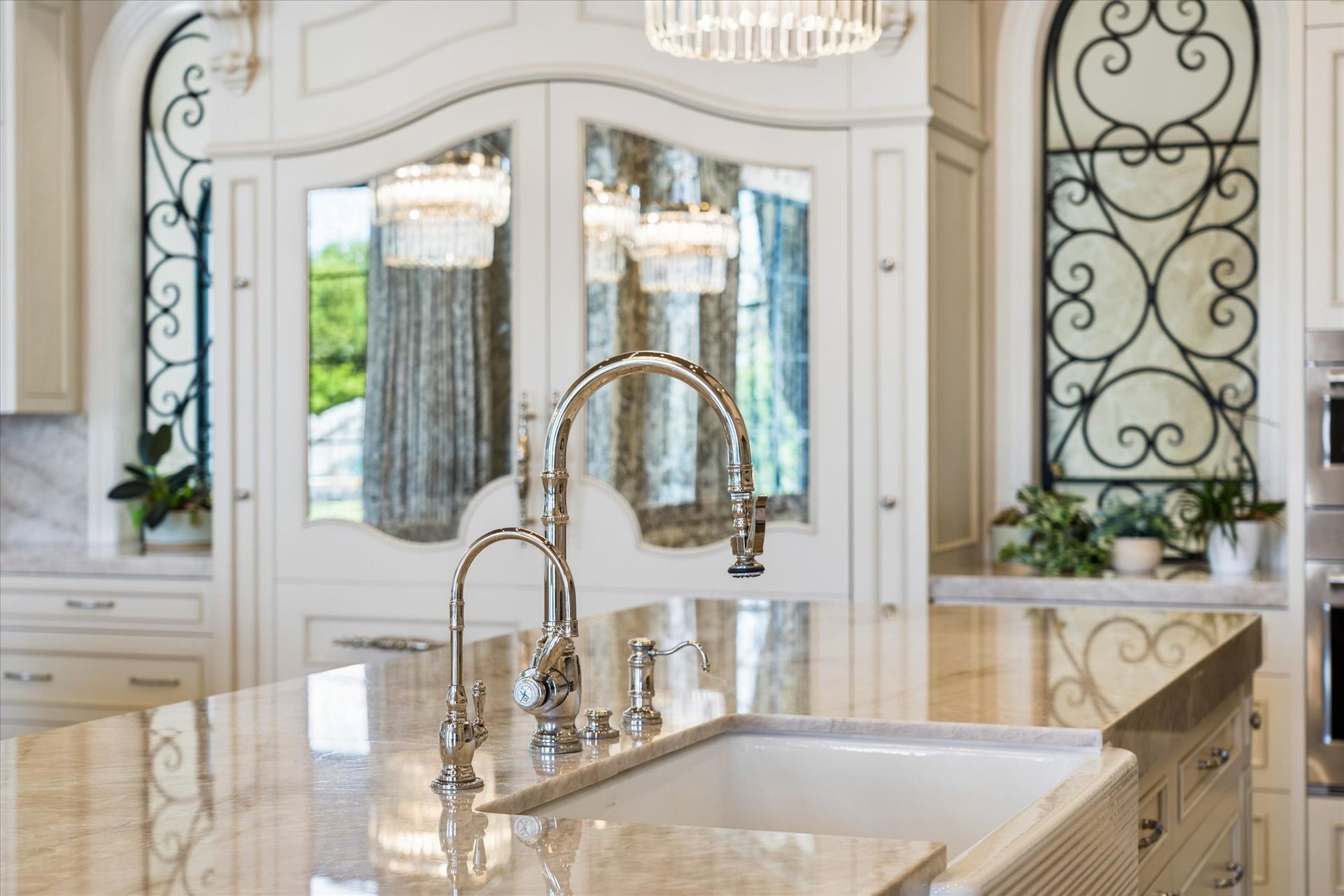 Luxury French kitchen sink with silver hardware