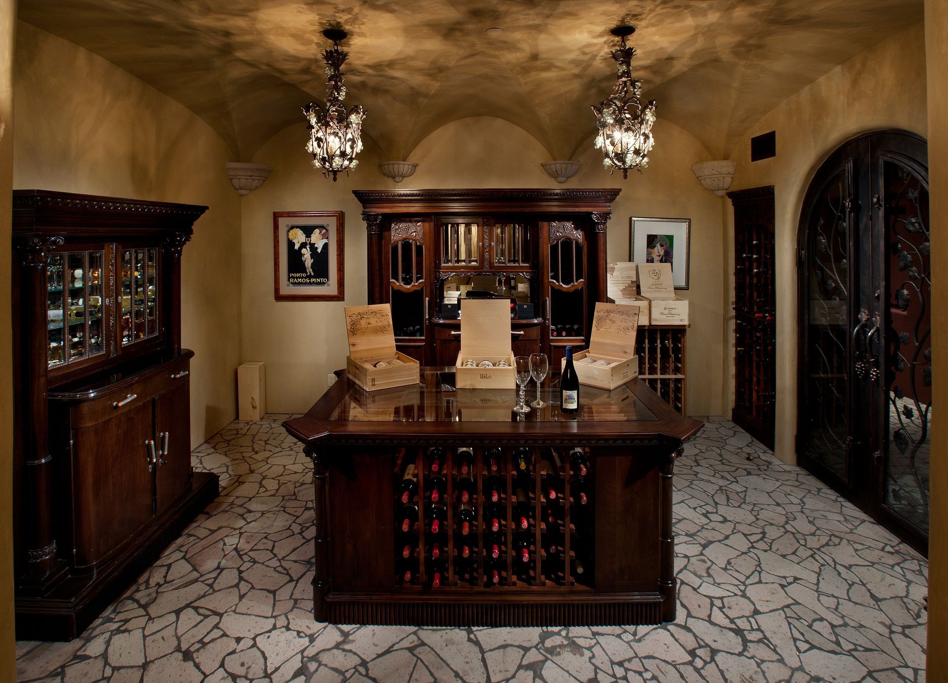 A wine cellar with a bottle of wine on the table