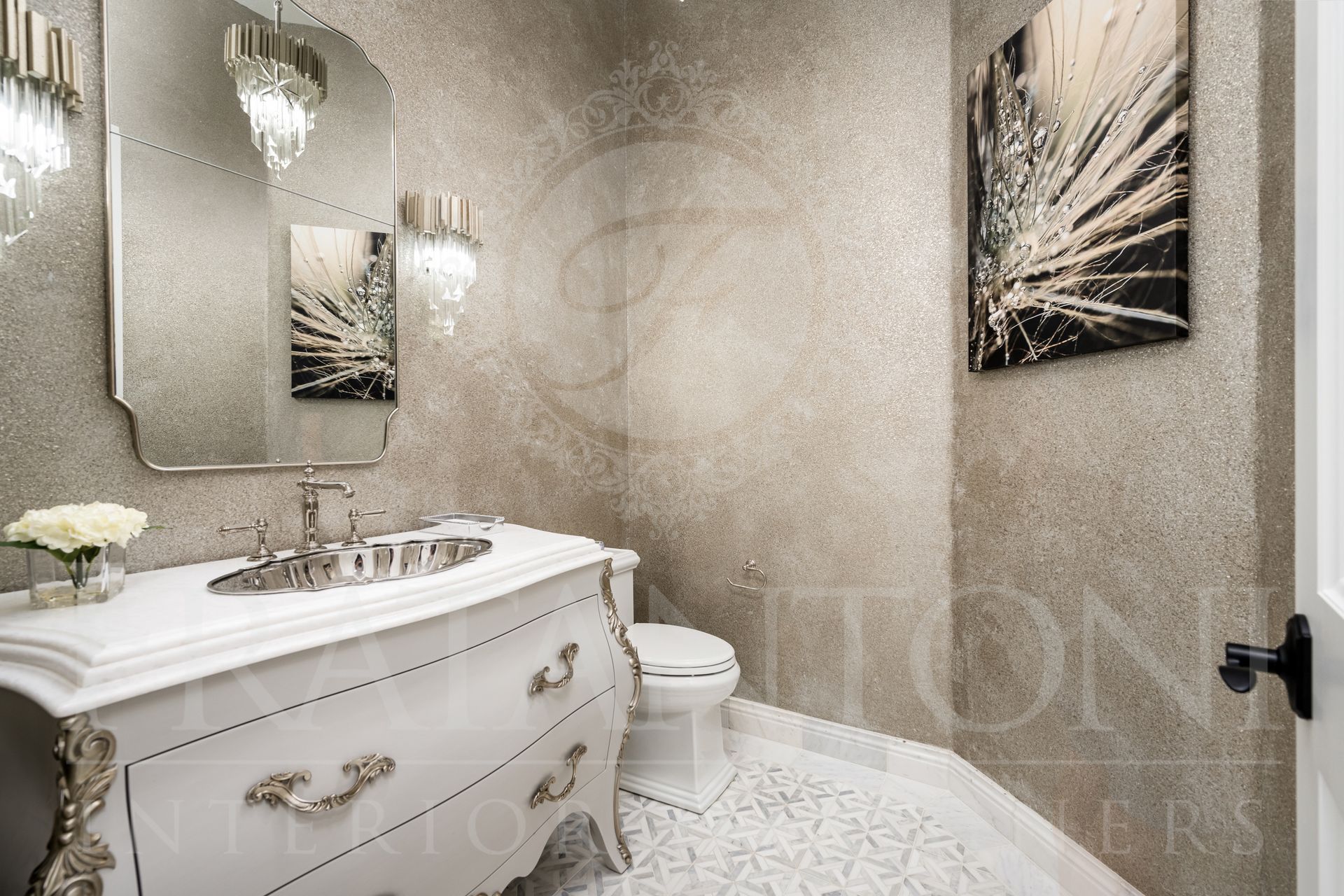 Luxurious powder room with ornate white vanity, sparkling walls, and artistic print in Scottsdale, Arizona