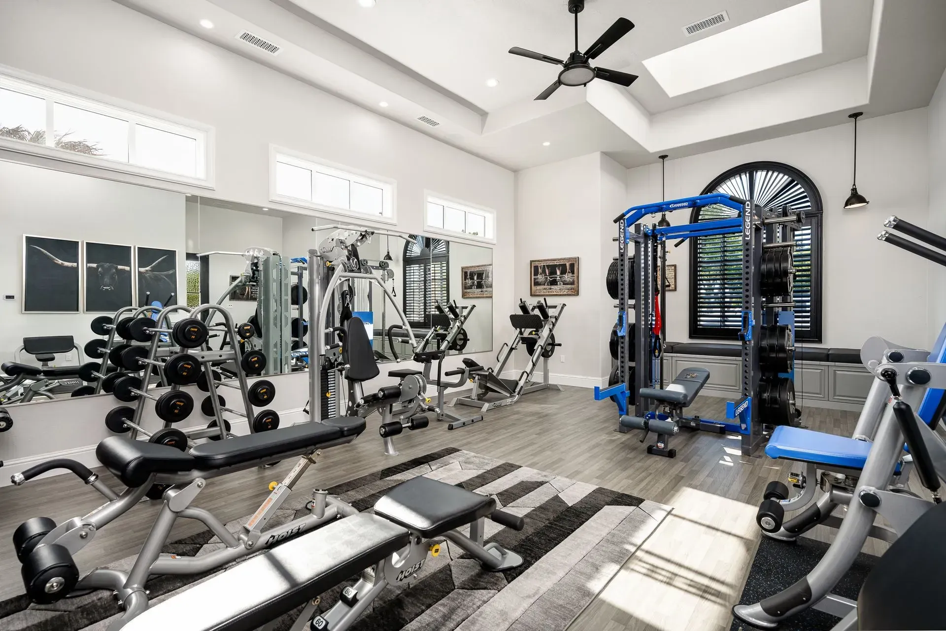 Gym interior with weight machines, mirrors, and a ceiling fan.