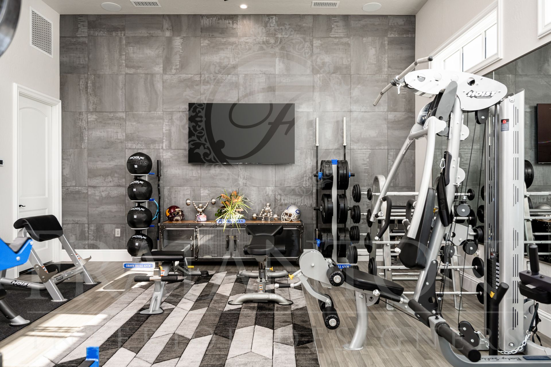 Luxury home gym with weight machines, weights, and a TV on a textured gray wall.