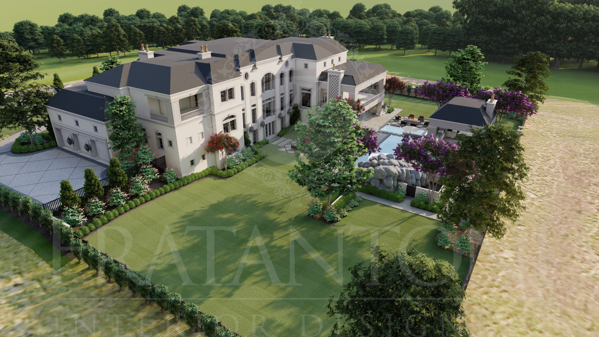 Aerial view of an expansive white mansion with landscaped grounds, trees, and a courtyard in New Jersey