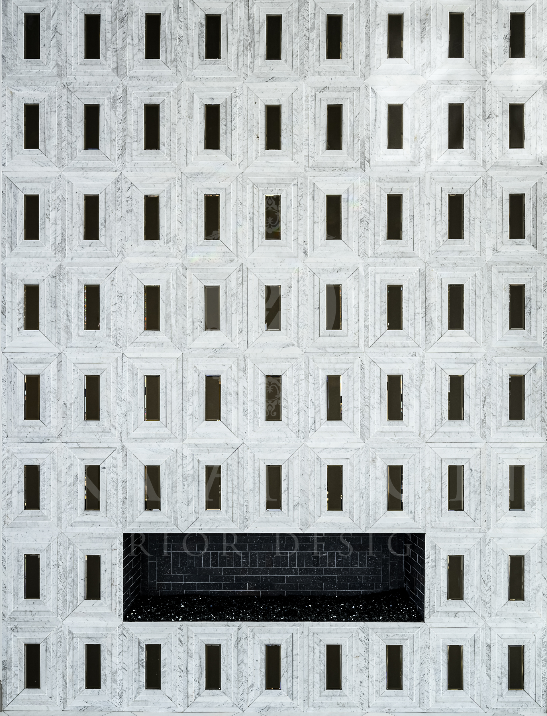 Luxury custom black and white marble geometric fireplace with marble floors designed by fratantoni interior designers