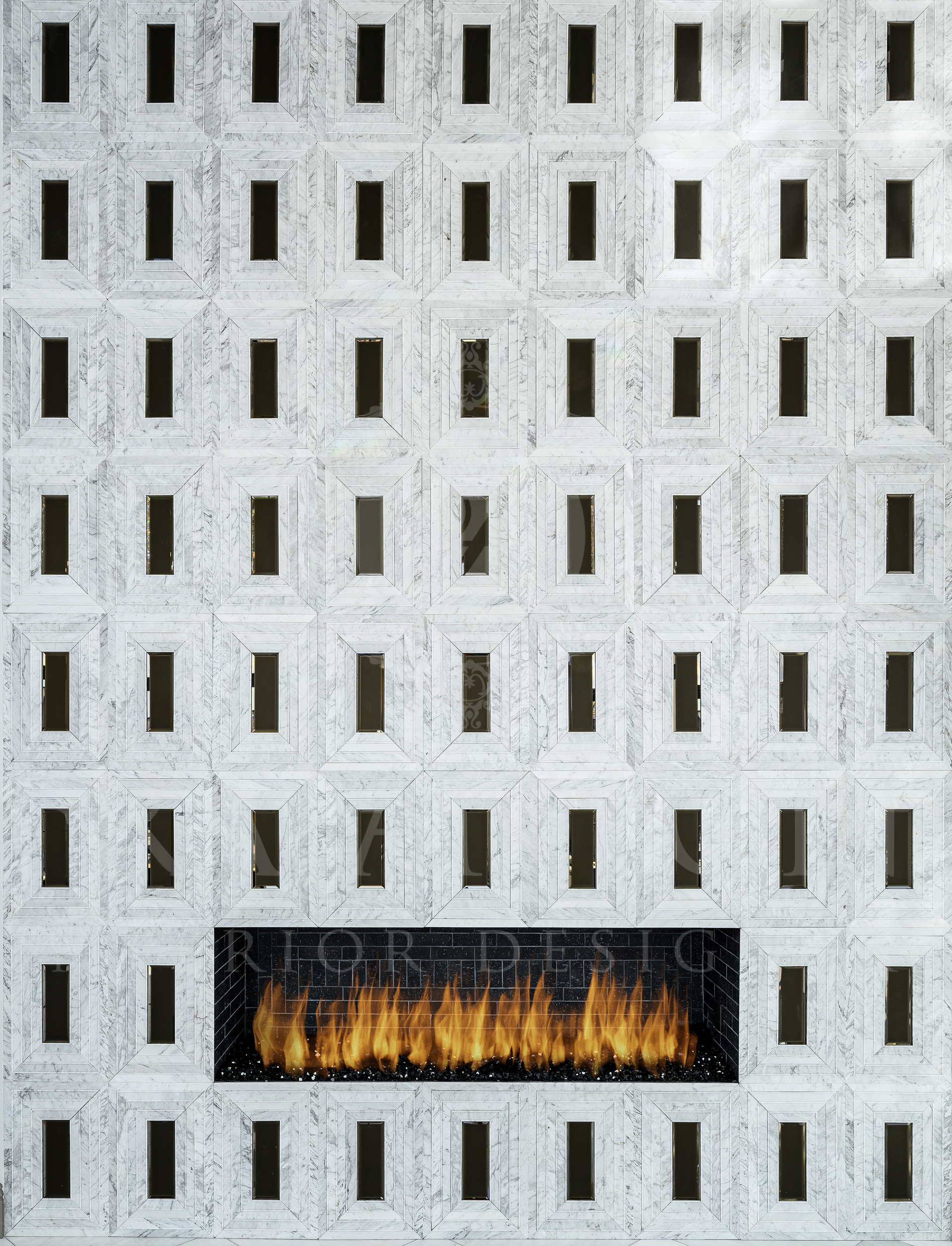 Modern luxury statement custom fireplace with marble mosaic tiles
