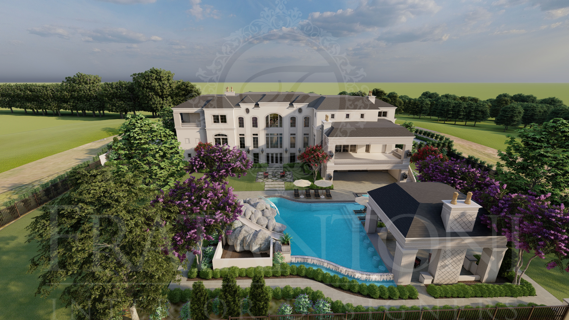 Aerial view of a white mansion with multiple patios, balconies, outdoor living spaces, and a resort-style blue pool, surrounded by trees and purple flowers in a manicured landscape