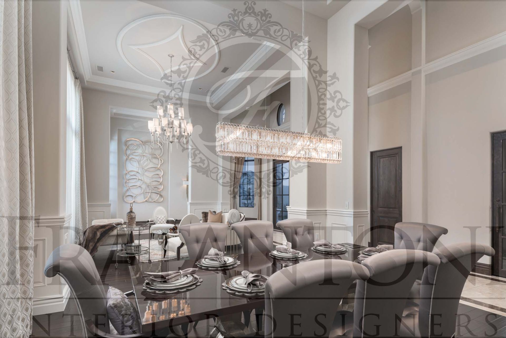Elegant dining room with crystal chandelier, paneled walls, and a dark table set with tufted chairs