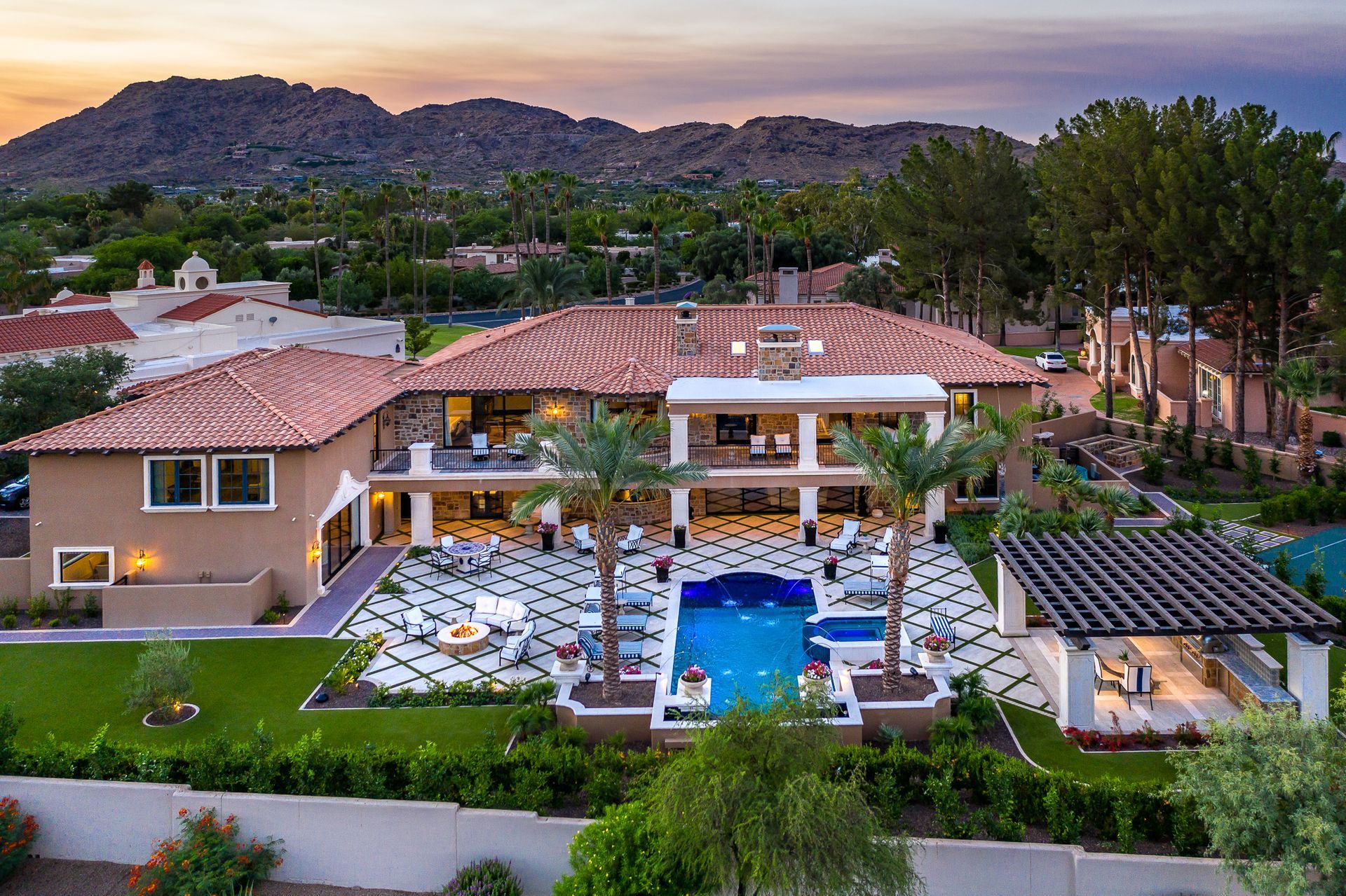 Aerial view of a Scottsdale luxury home with a pool by Fratantoni Interior Designers.
