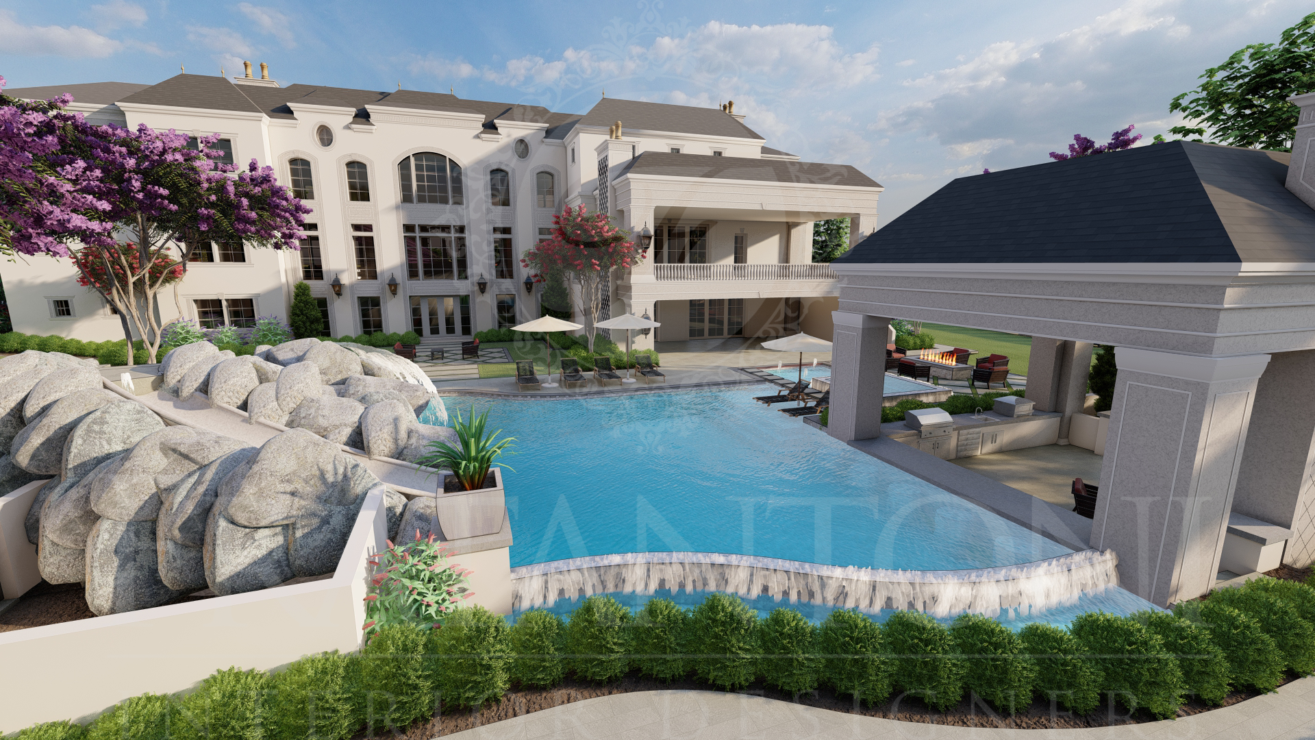 Luxury resort pool with rock waterfall, white mansion villa, and a covered patio with an outdoor kitchen under a bright sky designed by Fratantoni Interior Designers in scottsdale arizona