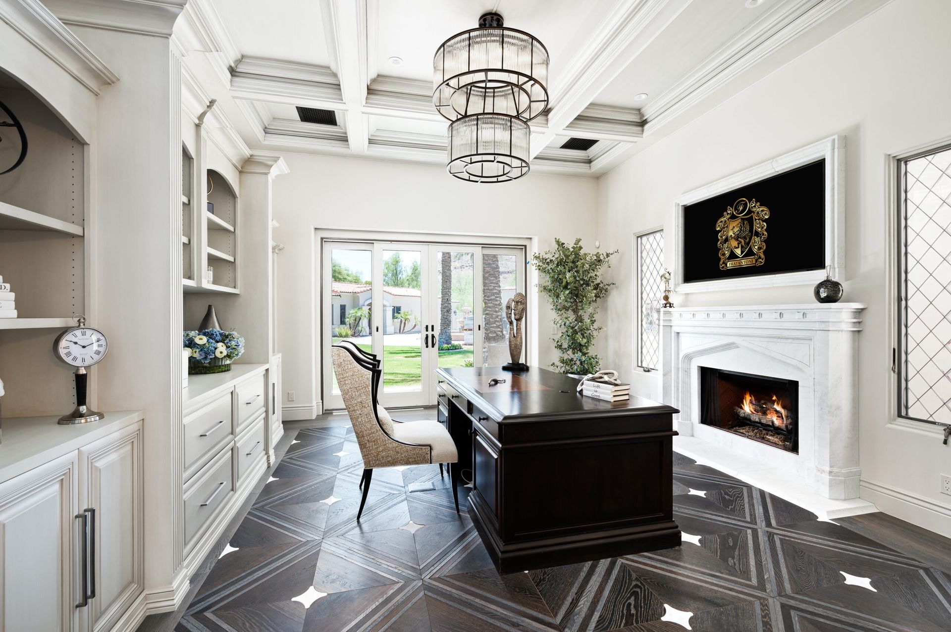 There is a fireplace in the middle of the room.