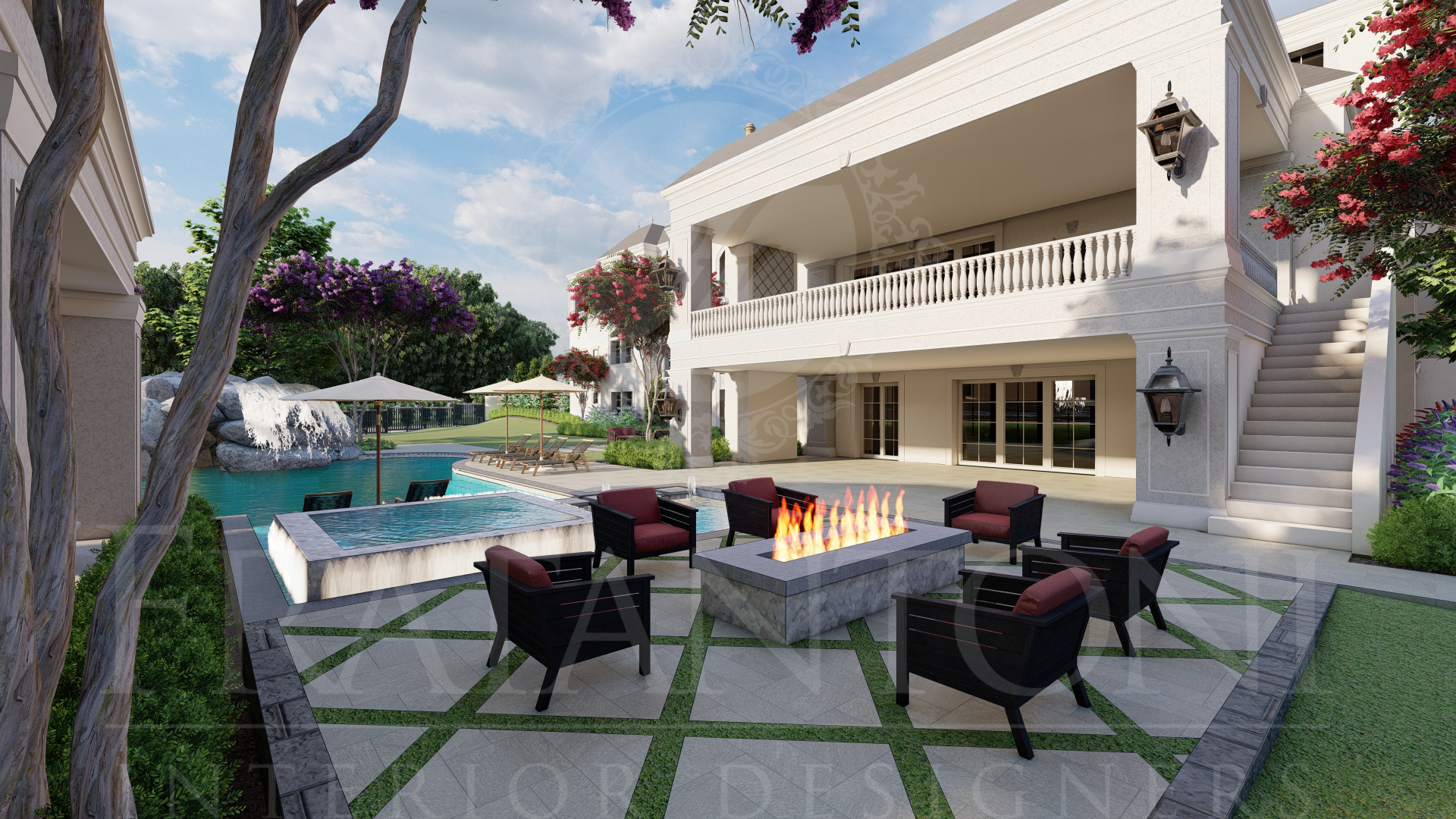 Modern transitional backyard patio with fire pit, lounge chairs, resort-style pool, and a two-story estate home in the background with lantern scones, geometric pavers, pool waterfall, and a hot tub