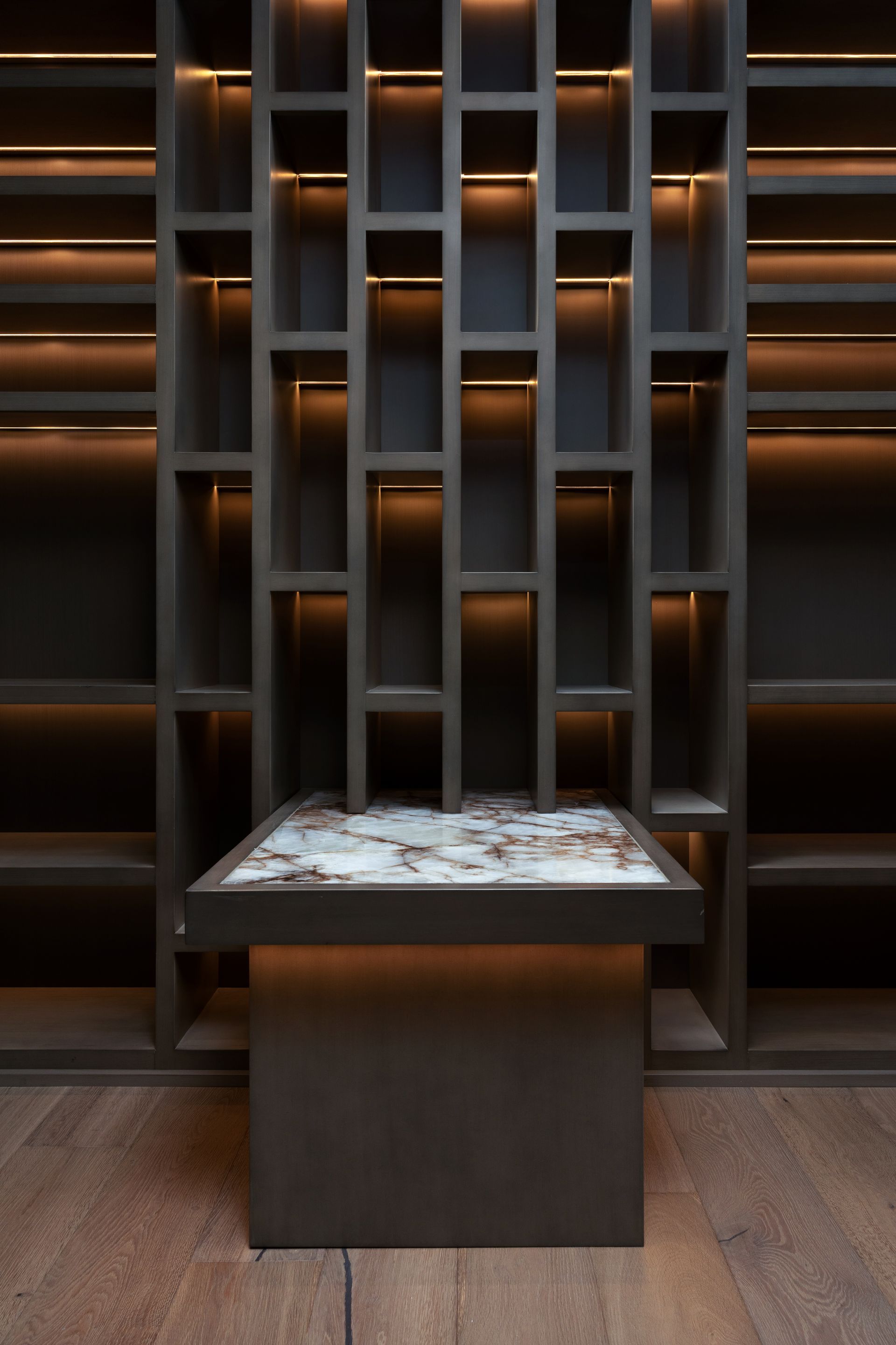 Dark wood shelving with inset lighting, a marble-topped display table.