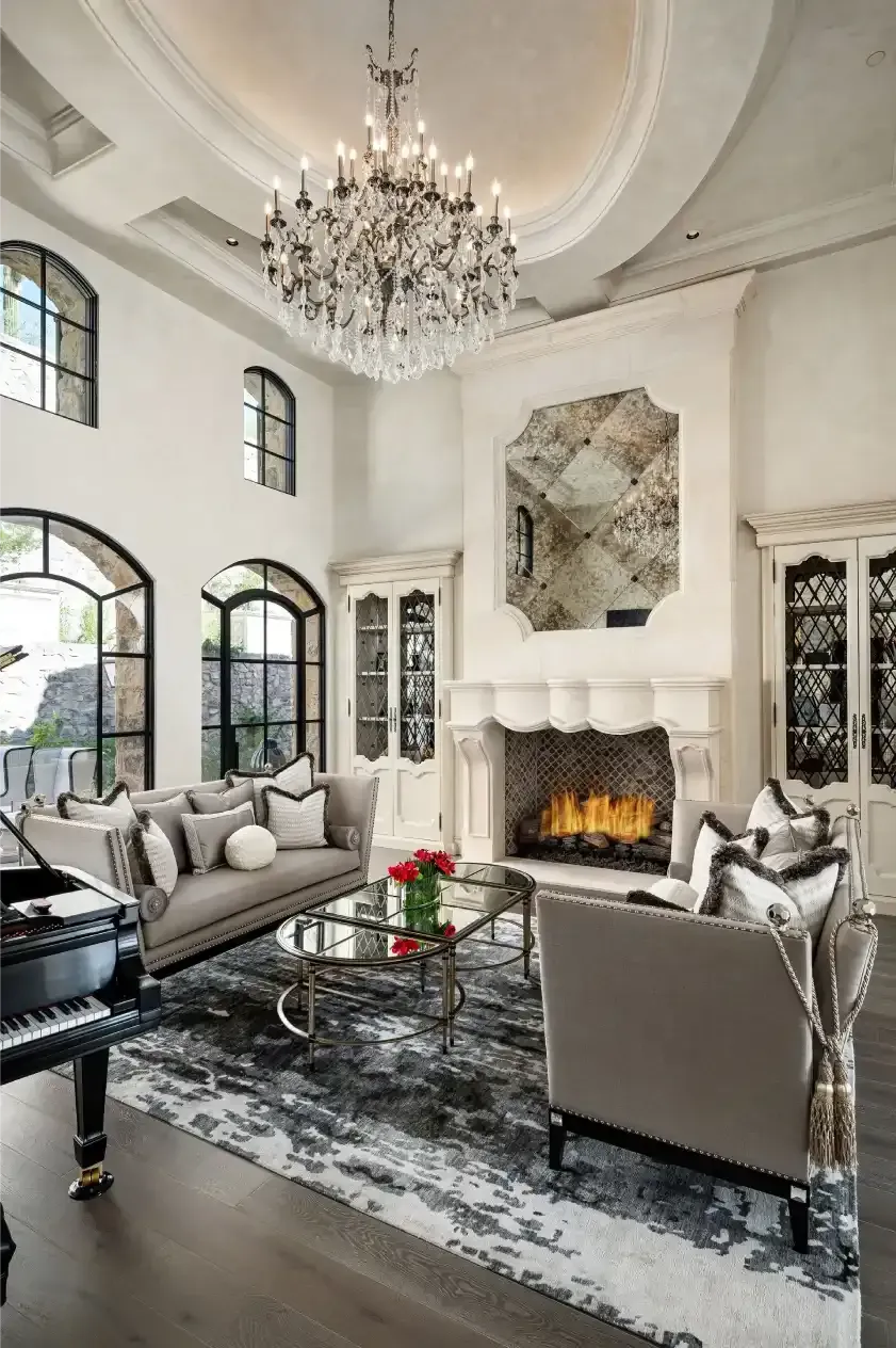 French luxury family room design, transitional style with European inspired furniture