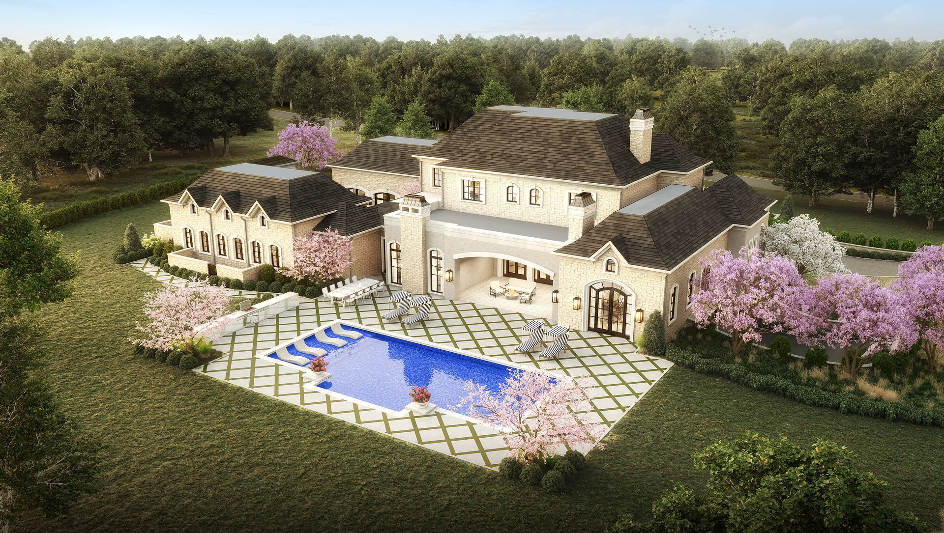 Luxurious mansion with pool, surrounded by trees and blooming pink trees.