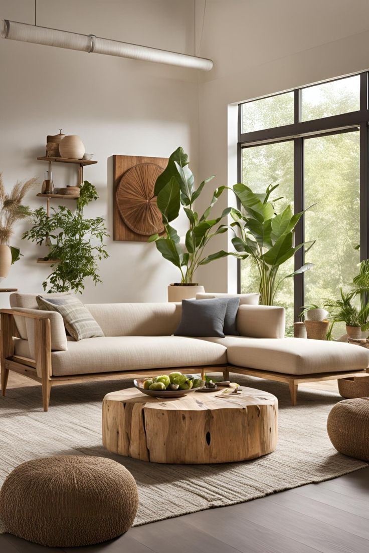 A living room with a couch , coffee table , and plants.