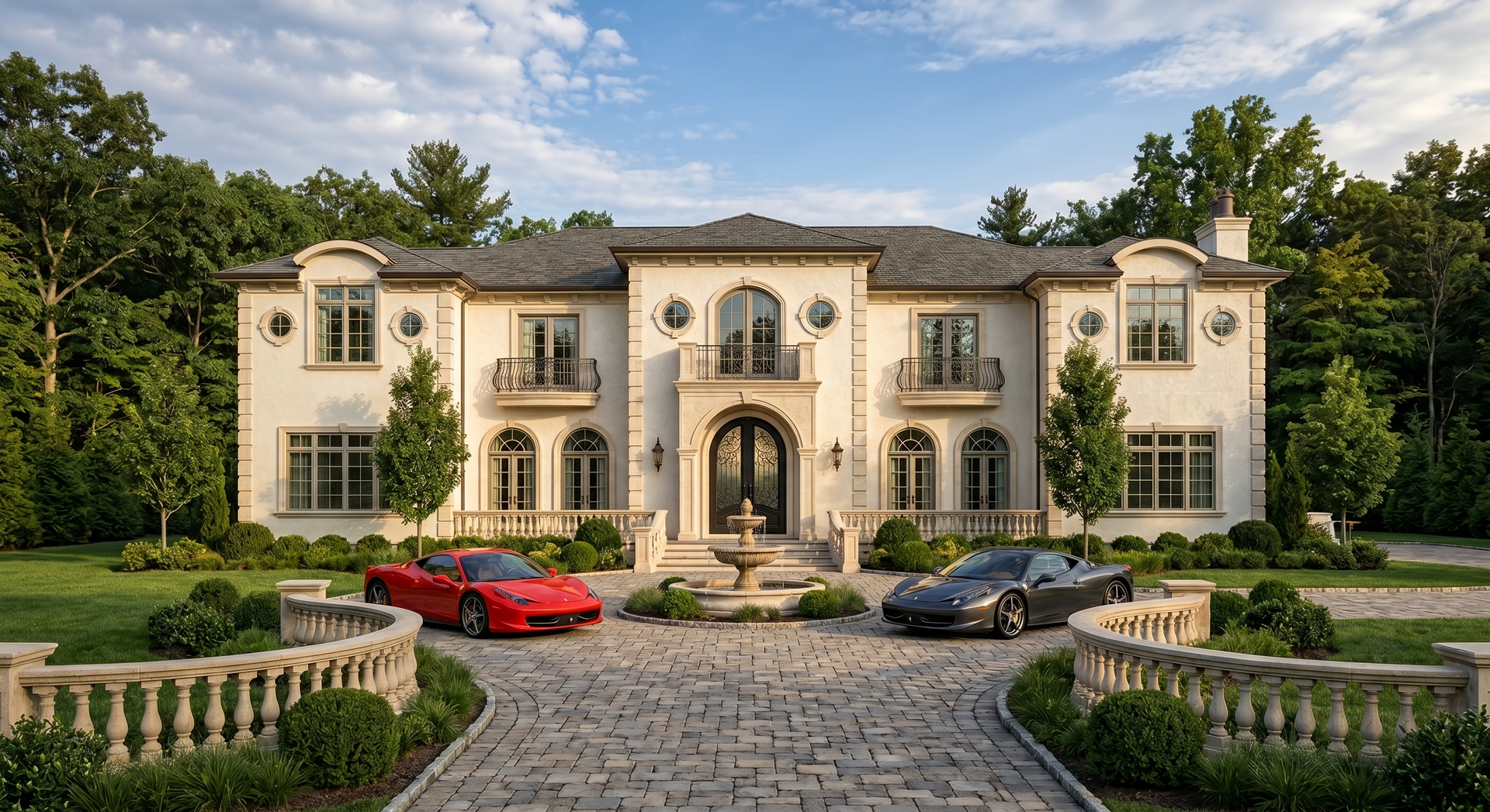 A large white house with a red car parked in front of it.