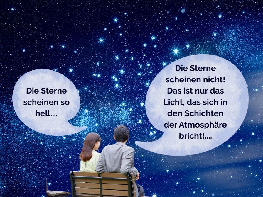 Zwei Personen sitzen auf einer Bank und schauen in die Sterne. Sprechblasen diskutieren die Lichtbrechung der Sterne.