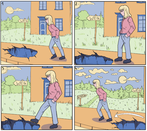 Comicstrip: Eine Person geht auf eine Grube zu und steigt darüber. Auf dem Schild steht „WEG“.