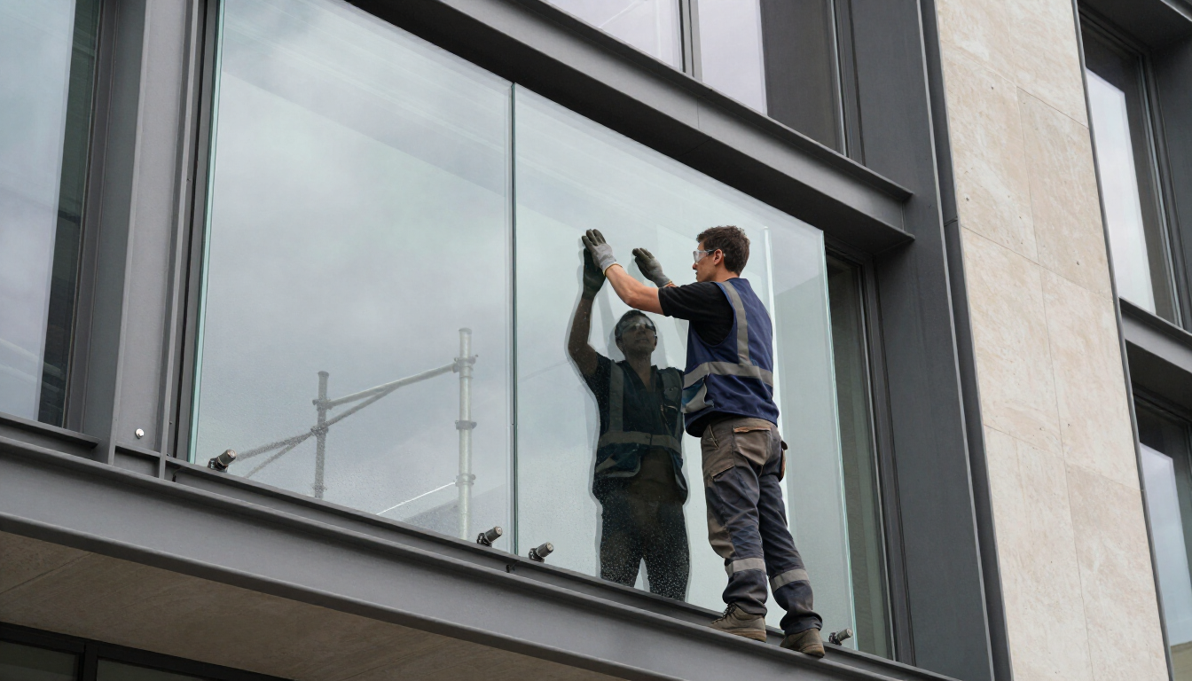 Dos trabajadores instalan una gran ventana en el exterior de un edificio moderno.