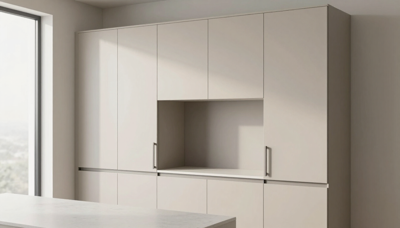 Muebles de cocina modernos de color blanco con un nicho abierto integrado y tiradores minimalistas cerca de una ventana.