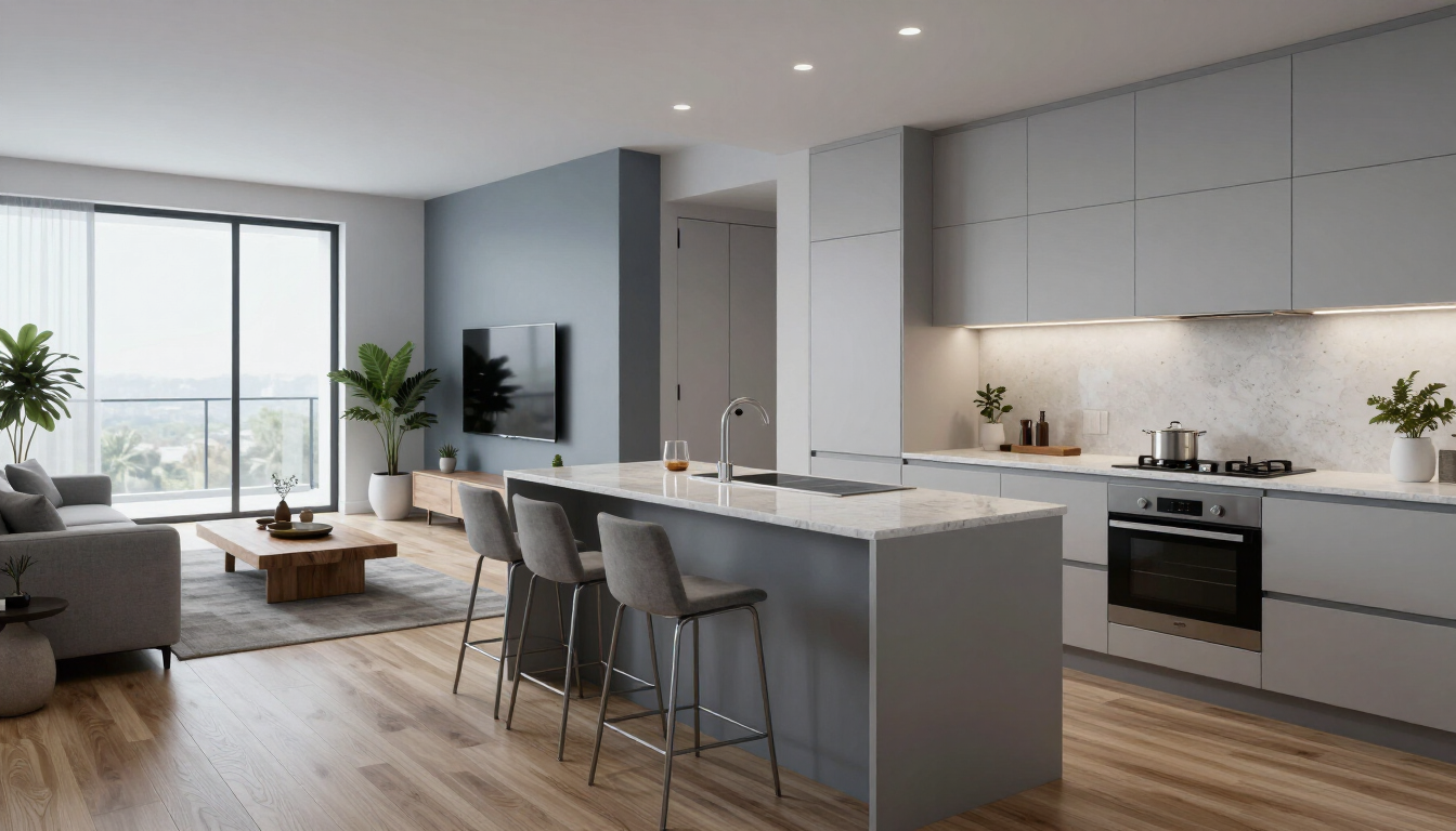 Cocina y sala de estar modernas de planta abierta con gabinetes grises, taburetes en la isla.